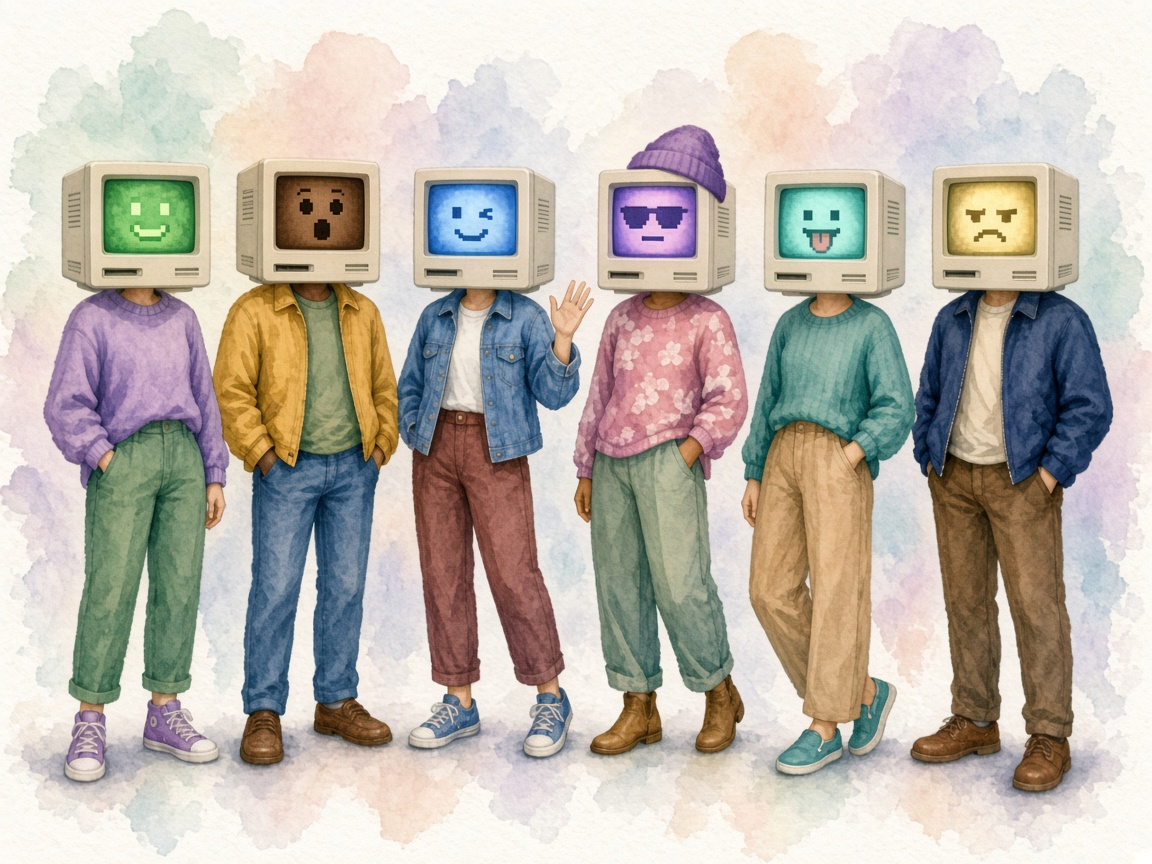 Odd Mac II–headed characters chatting — a mixed group including two women